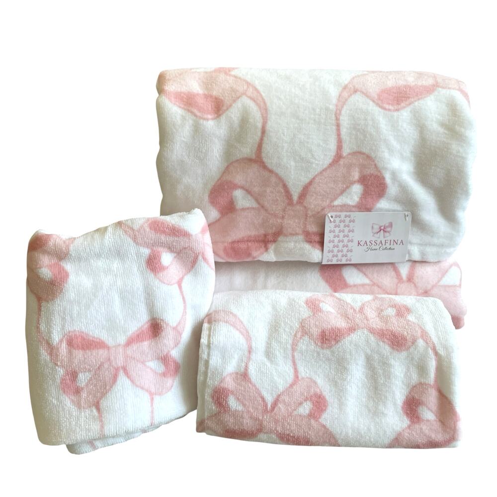 Kassafina Coquette Pink Bow Hand & Bath Towel 4PC Set 100% Cotton White NEW